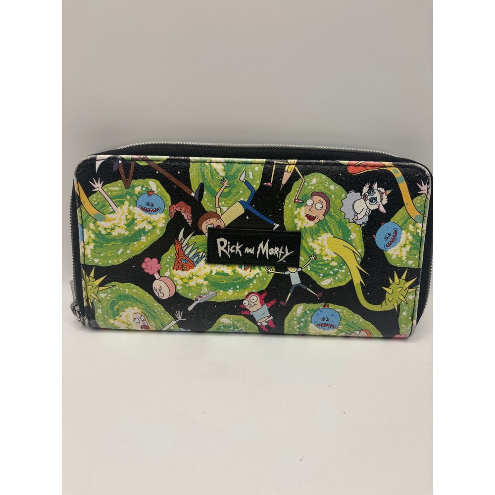 Rick and Morty Portal Print Zip Around Long Wallet Black Faux Leather Organizer